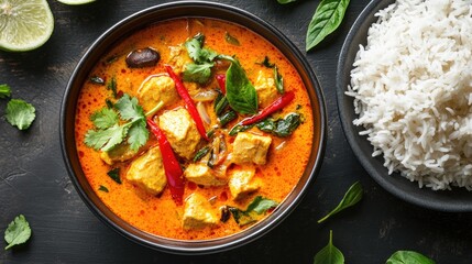 Poster - A bowl of spicy Thai curry with jasmine rice on the side, garnished with fresh herbs.