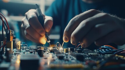 Poster - An electronics technician is focused on soldering small components onto a circuit board in a well-lit workshop, showcasing precision and expertise in their craft