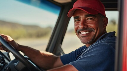 Poster - A cargo truck driver smiles confidently as he navigates the road, showcasing his professionalism and positivity in a bright setting