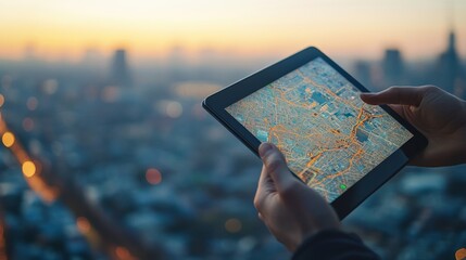 Poster - A hand holds a tablet displaying a detailed digital map against a blurred urban landscape at sunset. The warm light enhances the city's atmosphere