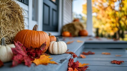 Poster - A warm and inviting front porch features vibrant pumpkins, hay bales, and scattered autumn leaves, showcasing the essence of fall's beauty and charm