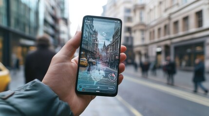 Poster - In a bustling urban setting, an individual interacts with an augmented reality application on their smartphone, surrounded by busy pedestrians and city life