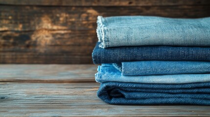 Poster - A closeup view features a tidy stack of faded, distressed denim jeans on a vintage wooden table, highlighting their textures and colors in a natural setting