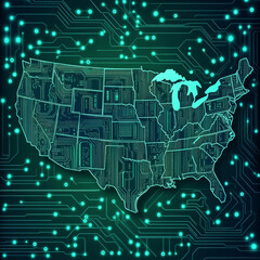 Poster - USA technology conceptual banner: a map of the United States designed as an electronic printed circuit board, featuring a chip or CPU processor. Highlights USA tech background and the microelectronics