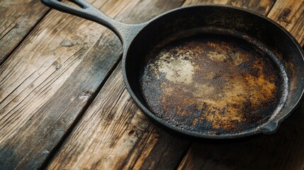 Poster - The weathered cast iron skillet sits on a rustic wooden table, highlighting its worn texture and rich patina, reflecting years of culinary use and care