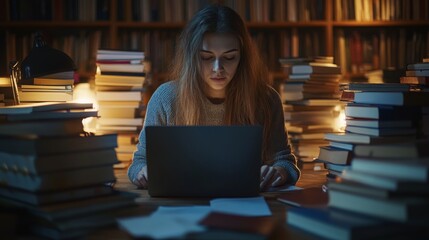 Poster - A young woman sits at a cluttered desk typing on her laptop, surrounded by stacks of books and soft lighting that creates a warm atmosphere in the library