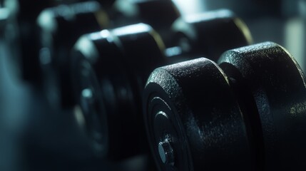 Poster - Black dumbbells are neatly organized in a modern gym setting, highlighting their sleek metal and rubber textures. The arrangement conveys an atmosphere perfect for fitness enthusiasts