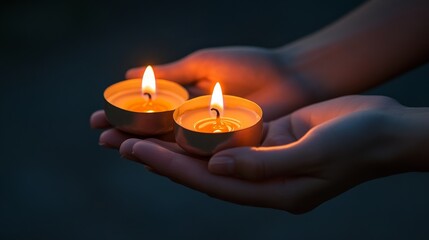 Poster - In the quiet of evening, two hands gently cradle small candles, their flames flickering gracefully. The warm glow contrasts with the fading light around, creating a serene atmosphere
