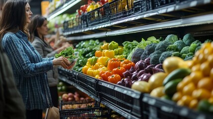 Poster - In a bustling grocery store, customers are focused on choosing fresh fruits and vegetables, showcasing a variety of colorful produce available for selection