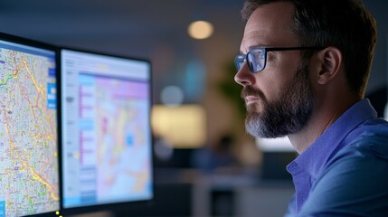 Poster - A transport planner focuses on route analysis in a sleek and modern office. Multiple monitors display detailed maps and traffic data as he works diligently