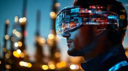 Poster - An engineer concentrates on a virtual interface displayed through augmented reality glasses amidst an industrial backdrop during twilight hours