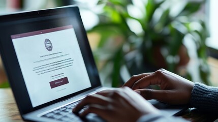 Poster - A person's hands are actively typing on a laptop in a cozy workspace, showcasing a completed project on the screen, with greenery in the background