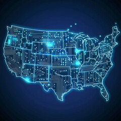 Poster - USA technology conceptual banner: a map of the United States designed as an electronic printed circuit board, featuring a chip or CPU processor. Highlights USA tech background and the microelectronics