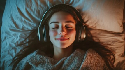 Poster - A woman lies comfortably in bed, wearing large headphones and appearing relaxed with closed eyes, enjoying the soothing sounds that surround her