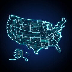 Poster - USA technology conceptual banner: a map of the United States designed as an electronic printed circuit board, featuring a chip or CPU processor. Highlights USA tech background and the microelectronics