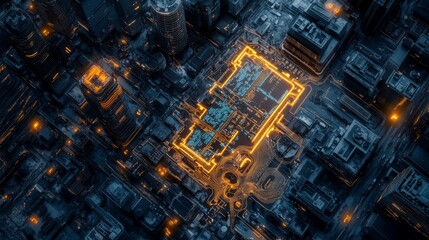 Poster - A bustling cityscape showcases the dynamic energy of urban life, seamlessly integrated with a luminous microchip map that highlights technological innovation in the UK