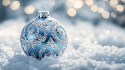 Poster - A stunning holiday ornament in silver and blue glistens against a blanket of fresh snow, capturing the essence of winter festivities in a serene landscape
