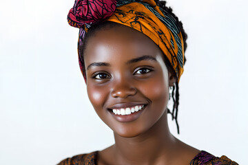 Sticker - Portrait of a smiling, beautiful African woman with glowing dark skin, set against a white background