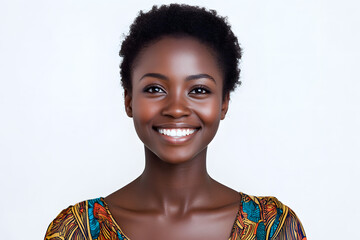 Wall Mural - Portrait of a smiling, beautiful African woman with glowing dark skin, set against a white background