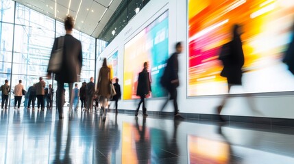 in a modern office lobby, a digital display features dynamic advertisements while passersby walk. th