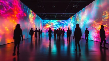 Poster - A vibrant, large-scale digital art installation illuminates the gallery while visitors walk through, immersed in the colorful displays and interactive experience