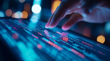 Poster - Fingers engage with a tablet screen showing vibrant lines of code, highlighting a modern workspace illuminated by ambient lighting in the evening