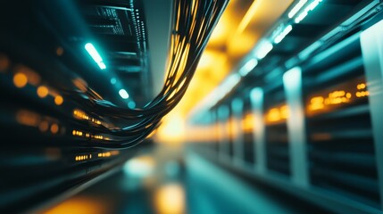 Poster - In a server room, networking cables are arranged neatly along the ceiling, creating an organized view that emphasizes both technology and infrastructure