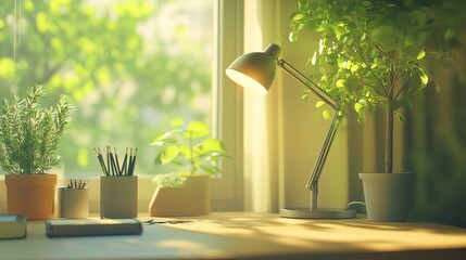 Poster - A modern desk lamp casts warm light onto a tidy wooden desk adorned with potted plants. Sunlight filters through a nearby window, creating a tranquil atmosphere