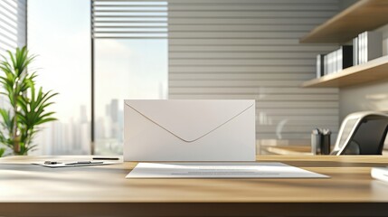 Poster - A large white envelope with a business logo placed on a modern office table.