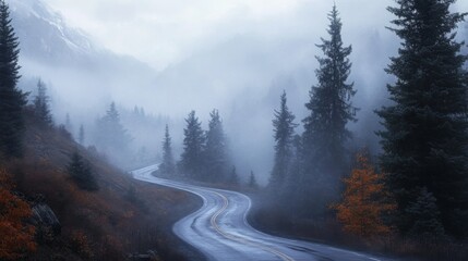 Poster - A winding road navigates through a dense forest shrouded in mist during the early morning. Tall evergreen trees rise alongside the path, creating an ethereal atmosphere filled with tranquility.
