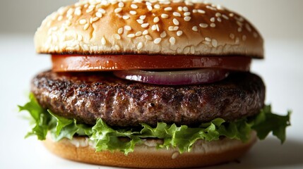 A perfectly grilled beef patty with lettuce, tomato, and onion on a sesame seed bun.