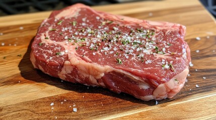 A raw beef ribeye steak marbled with fat, seasoned with salt and pepper, on a cutting board.