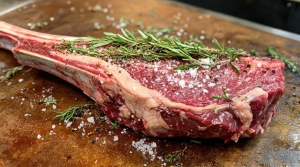 Sticker - A raw beef tomahawk steak seasoned with salt, pepper, and herbs, ready for the grill.