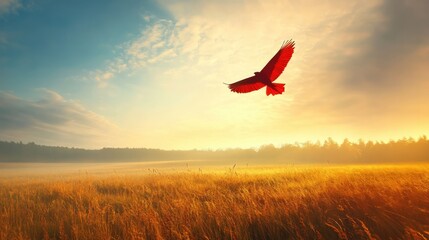 A red kite flying high over a sunny field, symbolizing freedom, joy, and childhood memories.