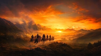 A group of armored knights riding horses, galloping through a dramatic and picturesque landscape