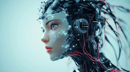 Wall Mural - Cyborg or robot with protruding wires immersed in a stream of digital data. Stunning female cybernetic humanoid with artificial intelligence. Automaton or machine with AI handling data processing.