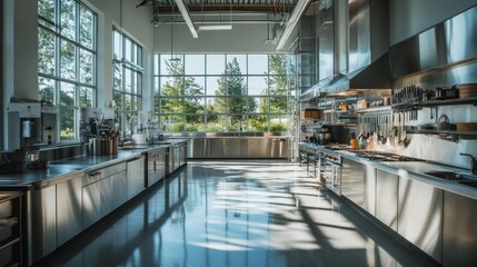 Poster - The expansive modern kitchen showcases gleaming stainless steel appliances and organized culinary tools, illuminated by natural light flooding through large windows