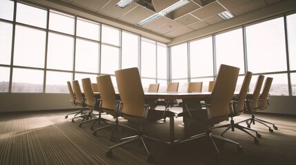 Poster - A professional setting features a long wooden conference table surrounded by sleek chairs, illuminated by natural light through large windows, creating an inviting atmosphere