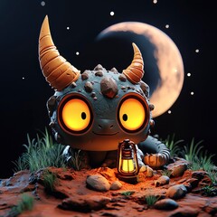 Sticker - Cute Monster Holding a Lantern Under the Night Sky