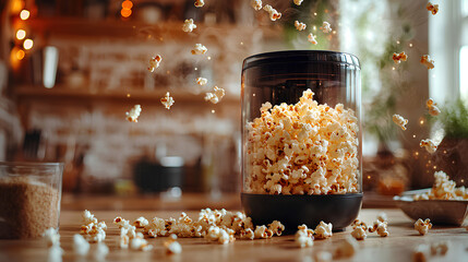 Freshly Popped Popcorn in Air Fryer with Steam and Warm Light