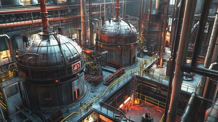 Poster - Create a detailed view of an industrial manufacturing area with large vats, pipes, and production lines.