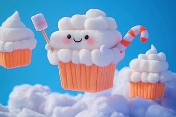 Poster - Cute Cupcake Character with Candy Cane and Marshmallow