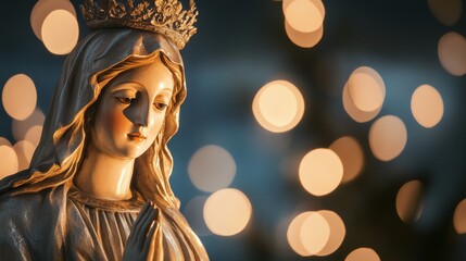 A statue of Our Lady of Aparecida radiates a soft glow, set against a dreamy bokeh background that enhances her tranquil beauty and divine ambiance