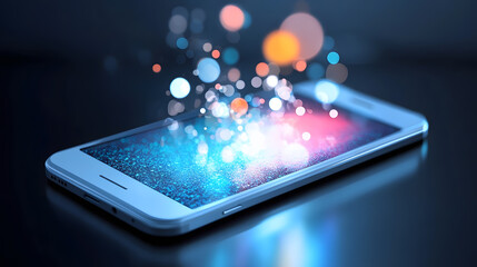 Poster - Modern smartphone lies on a wooden tabletop, with empty black screen.