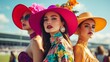 © Elmira - Three fashionable women stand confidently, adorned in oversized hats and bold, colorful dresses, enjoying a sunny day and expressing their unique styles