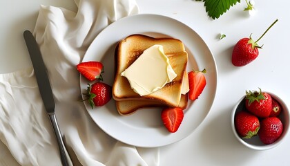 Wall Mural - Minimalist breakfast featuring buttered toast topped with fresh strawberry on a sleek white plate