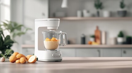 A modern kitchen scene featuring a blender with fresh ingredients, perfect for smoothies and healthy meals.