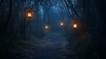 Aufkleber - A path winds through a dark and foggy forest. The path is lit by four lanterns hanging from trees, casting a warm glow on the ground