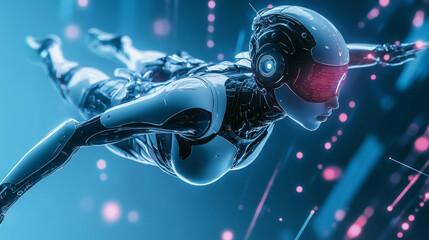 Wall Mural - Female robot with AI soaring in the cyberspace realm of the metaverse. Cyborg in virtual data space. Stunning female android. Artificial intelligence technology digital abstract conceptual banner. 