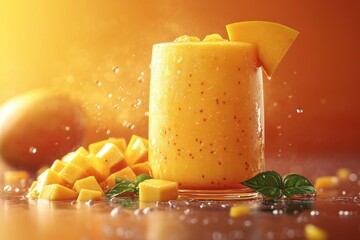 Vibrant Mango Smoothie with Fruit Chunks - Refreshing Tropical Drink 3D Illustration Sparks Summer Vibes